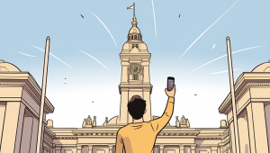 An illustration of a man viewed from behind as he takes a selfie in front of a city hall building.