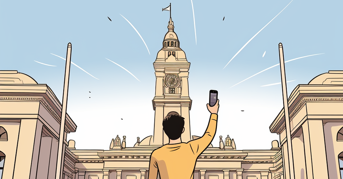 An illustration of a man viewed from behind as he takes a selfie in front of a city hall building.
