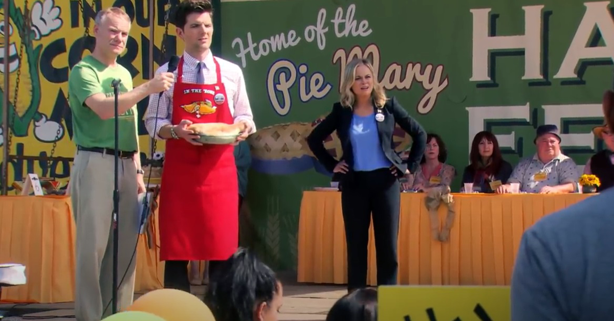 A scene from the NBC sitcom "Parks and Recreation" showing a pie contest.