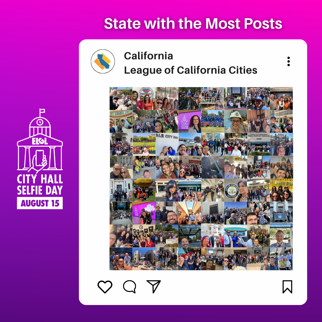 A collage showing 2024 City Hall Selfie day social media posts taken throughout California.