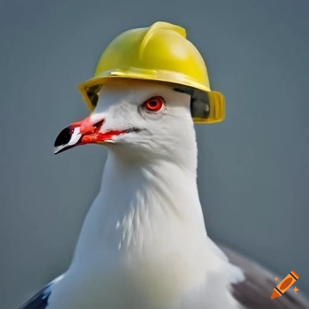 A seagull wearing a yellow hardhat.