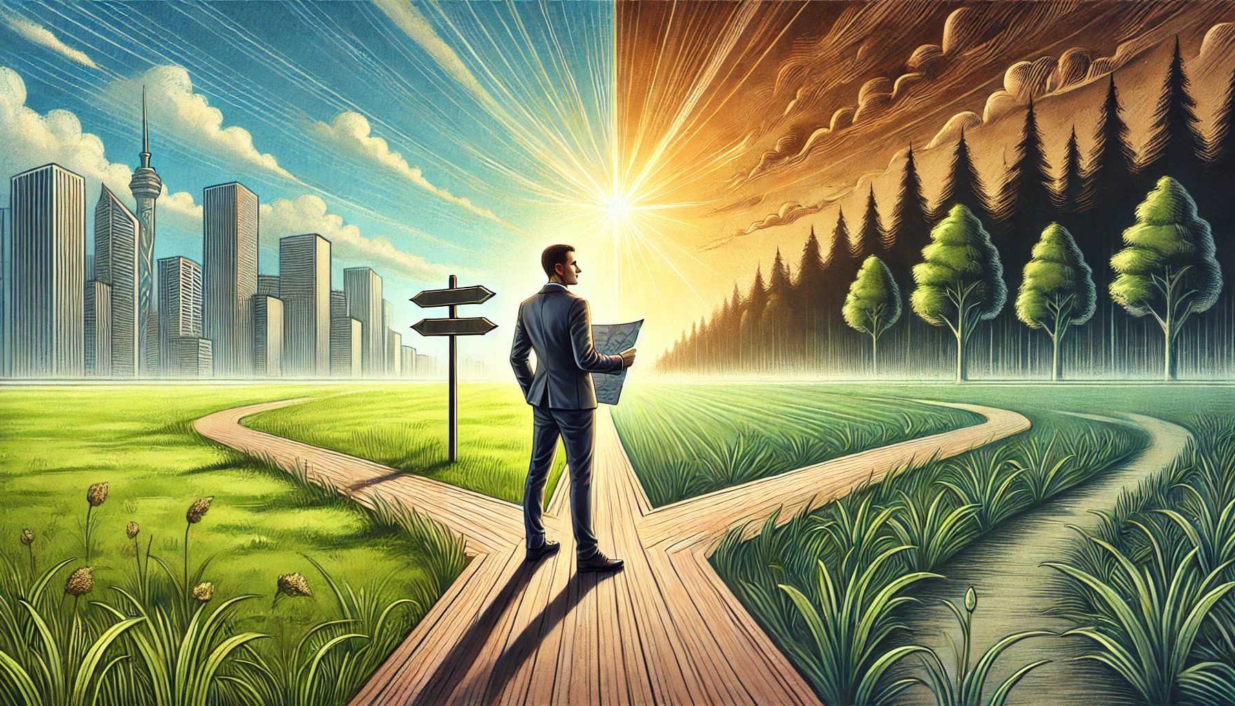 Illustration of a man standing before a section where a footpath he is splits into 3 paths. The path to the left shows a cityscape in the sunshine, while the path to the right shows a forest at sunset.