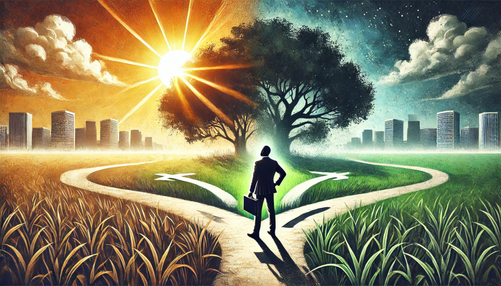 Illustration of a man standing before a section where a footpath he is splits into 2 paths at a large tree. The path to the left shows a cityscape in the sunshine, while the path to the right shows a cityscape under clouds.