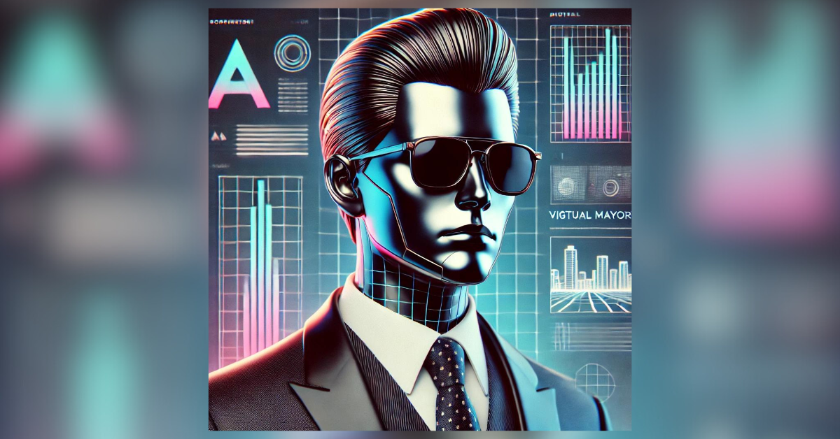 A digital representation of an AI-generated mayor inspired by Max Headroom, with a slicked-back hairstyle, futuristic sunglasses, and a sharp, angular jawline.