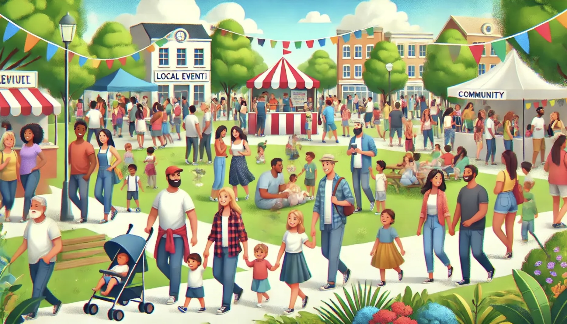 An AI-generated illustration of a town square full of residents celebrating a community event. The setting includes trees, tents, and walking paths under a blue sky.