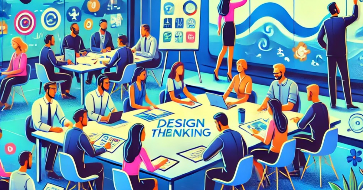 AI-generated illustration of people in a brightly colored office environment seated around a table where the words "design thinking" appear ob the tabletop.