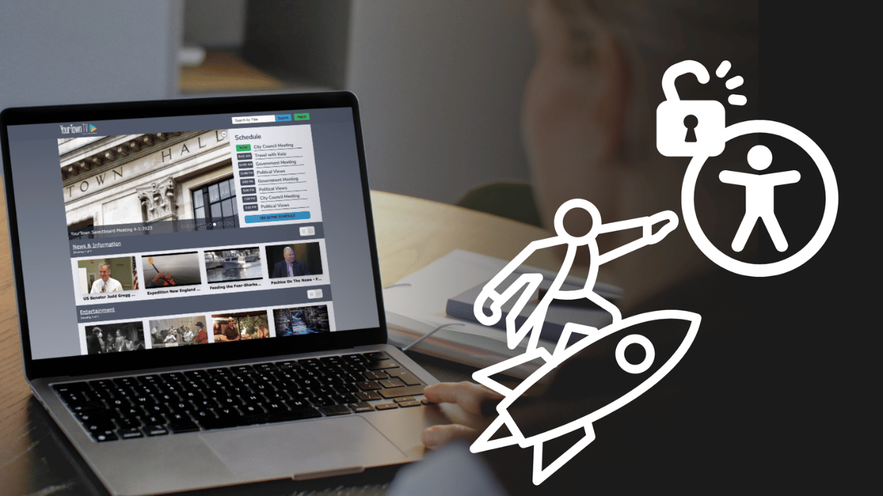 Image of a person facing a laptop screen showing a government video web portal, a graphic image of a rocketship next to an accessibility icon_1