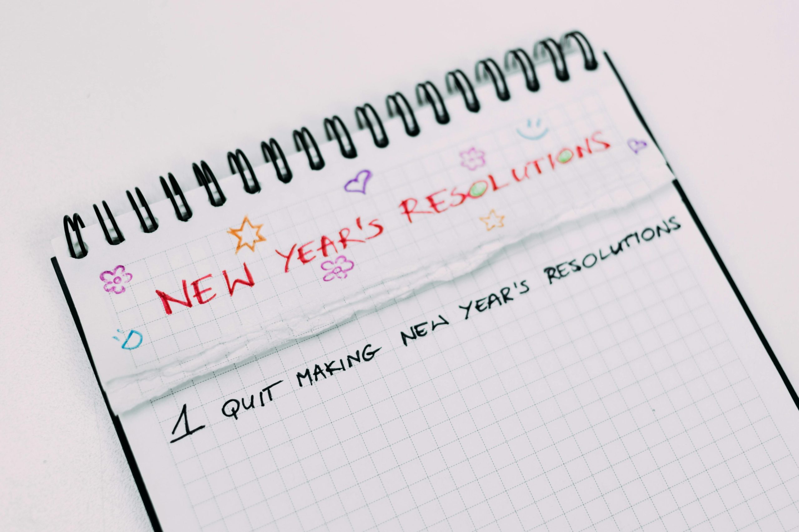 Notepad writing down new years resolutions.