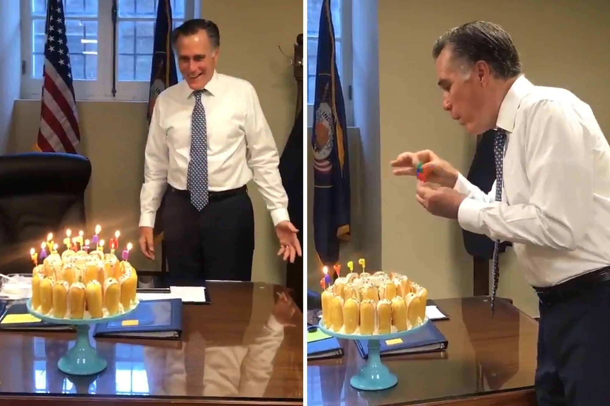 Mitt Romney blows out his candles in the most Romney way possible