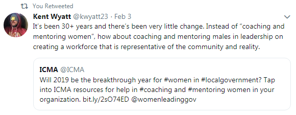 Tweet from Kent Wyatt - It's been 30+ years and there's been very little change. Instead of "coaching and mentoring women", how about coaching and mentoring males in leadership on creating a workforce, that is representative of the community and reality.