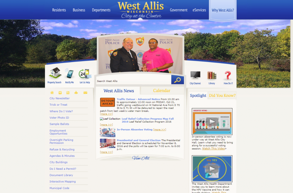 Screenshot of City of West Allis, Wisconsin website from October 2016 showing example of poor web design