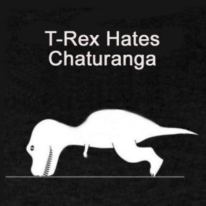 Funny illustration of tyrannosaurus rex trying to do a yoga pose with text "T-Rex Hates Chaturanga"