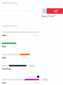 Screenshot from TransitApp showing differing modes