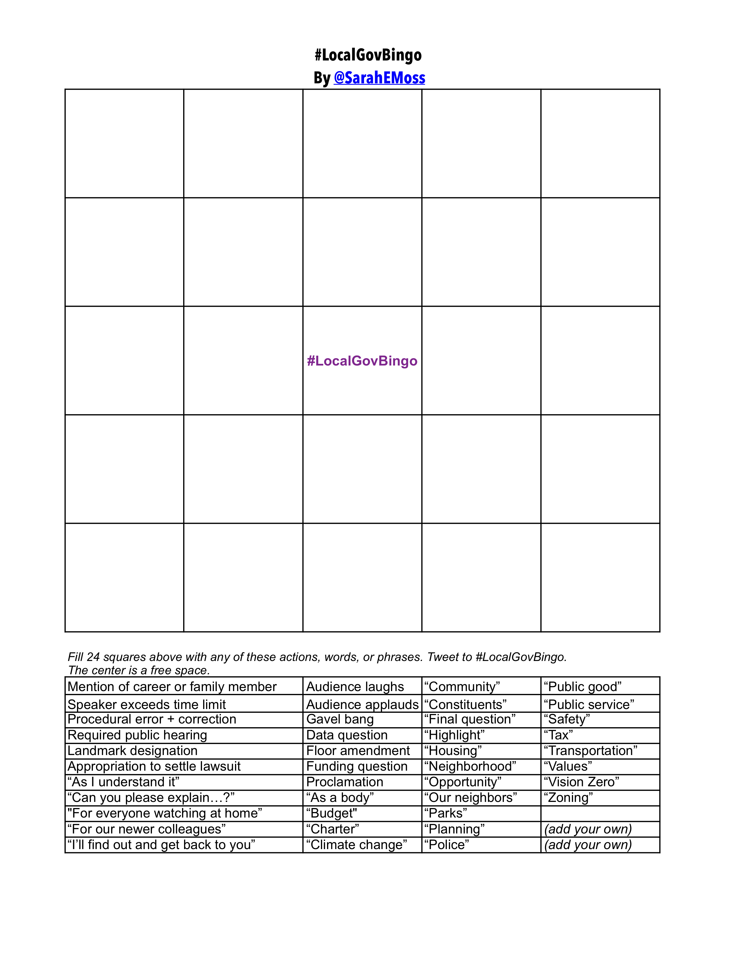 Image 5x5 blank #LocalGovBingo card with a list of more than 40 words, actions, and phrases to add to the blank squares by @SarahEMoss