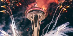 Fireworks burst around Seattle's Space Needle