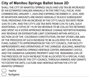 Image of Manitou Springs 2019 ballot question courtesy of El Paso County sample ballot