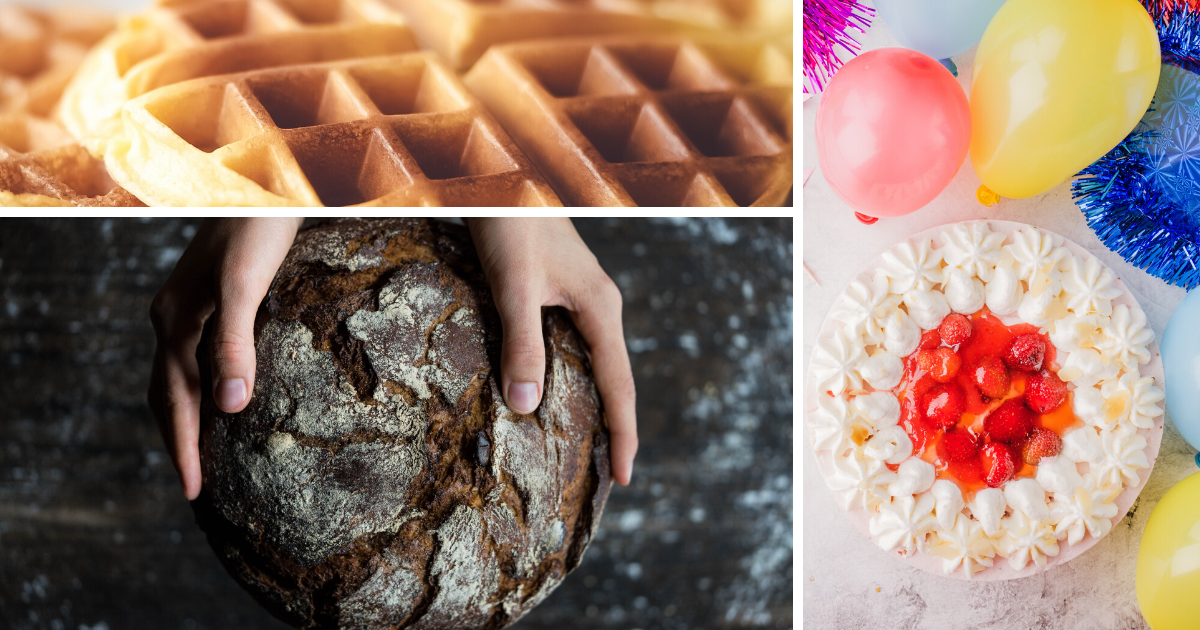 collage of waffles, birthday cake, and bread