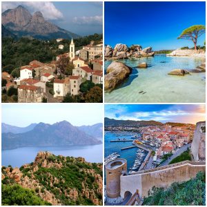 A collage of four images showing the beauty of the island of Corsica