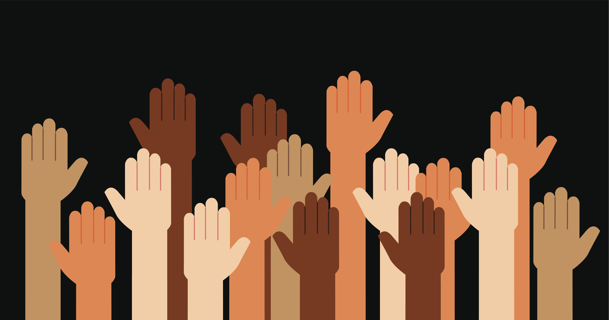 Multi-racial hands raised