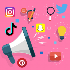 Illustration of social media icons on pinks background