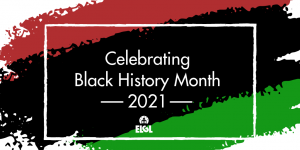 Image with green, black, and red that reads Celebrating Black History Month