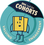 Round badge with cartoon book that says "ELGL Local Gov Cohorts: Valuing Engagement"