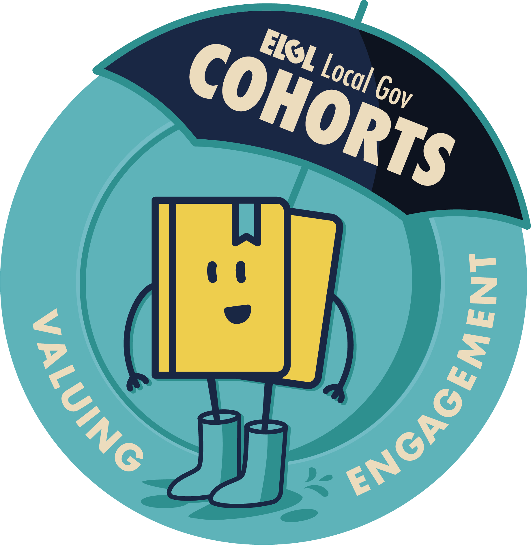 Round badge with cartoon book that says "ELGL Local Gov Cohorts: Valuing Engagement"