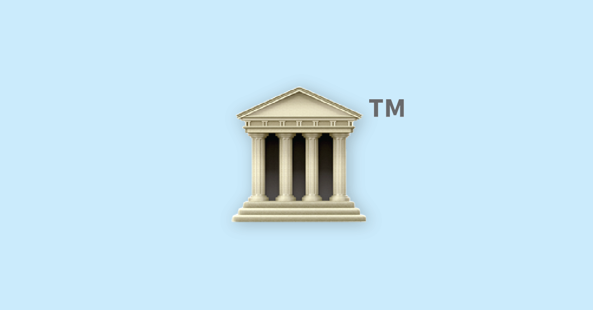 A classical building emoji stands next to a smaller trademark emoji against a light blue background.