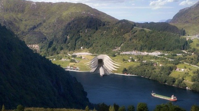 A cruise ship entering a tunnel