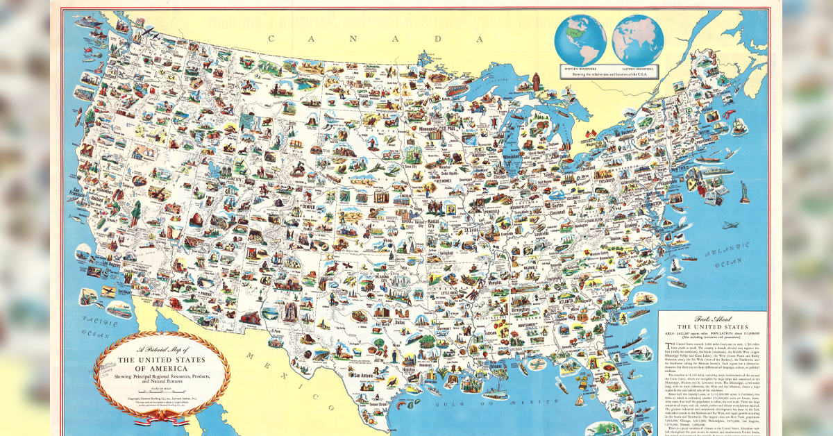 vintage map of the United States showing the 48 contiguous states
