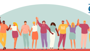 An illustration of stylized diverse people linking hands and arms. The Healthy Democracy logo and ELGL logo are above them.