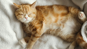 An orange cat laying on it's back sprawled out on a comfy looking white blanket while sleeping.