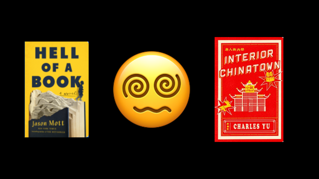 Two difficult books and an emoji with spiral eyes