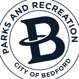 Dark blue B inside a double circle with Parks and Recreation, City of Bedford around the circle.