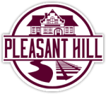 Maroon and white circular logo with PLEASANT HILL in the middle, a house above, and a river and train tracks below.