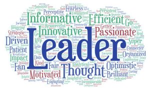 Word cloud with the largest words "leader," "thought," "informative," and "passionate." Colors are blue, red, and green.