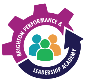 Gear-shaped logo in a medium purple and navy, with text Brighton Performance and Leadership Academy. Blue, green, and orange silhouettes of people in the middle.