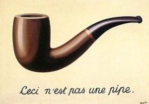 Graphic image of a smoking pipe against a beige background, with a saying in French at the bottom.