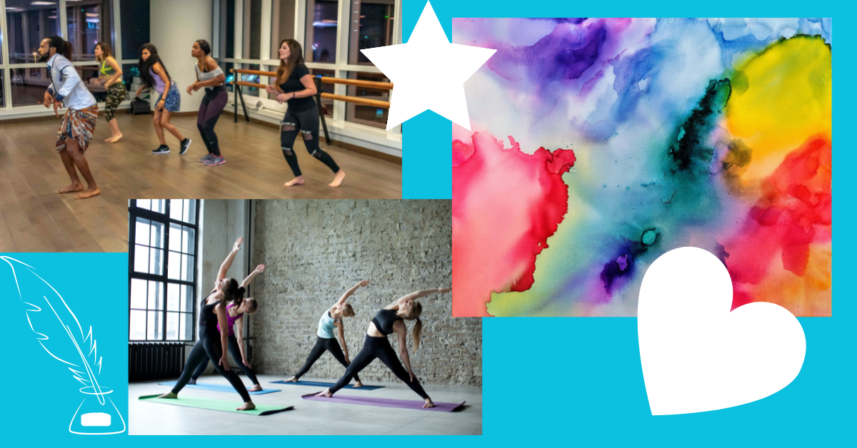 A photo collage of three images: a group exercise class, a dance glass, and a watercolor painting. The collage also includes a white star and a white heart against a teal background.