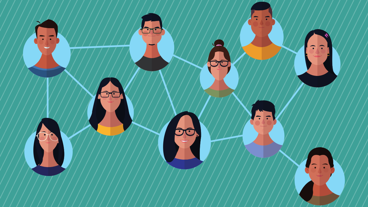 Teal background with nine graphical people's faces in circles, all interconnected with lines.