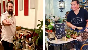 A series of 2 images displayed side-by-side. In the left image, a man in a collared shirt holds a glass of white wine toward the camera. To his right is a bar cart stocked with bottles. In the second image, a woman in a black T-shirt holds a metal planter inside a gardening store. She is surrounded by other planters and gardening supplies.