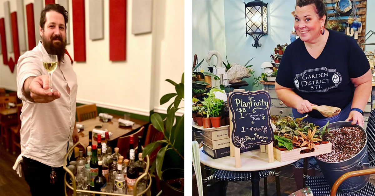 A series of 2 images displayed side-by-side. In the left image, a man in a collared shirt holds a glass of white wine toward the camera. To his right is a bar cart stocked with bottles. In the second image, a woman in a black T-shirt holds a metal planter inside a gardening store. She is surrounded by other planters and gardening supplies.