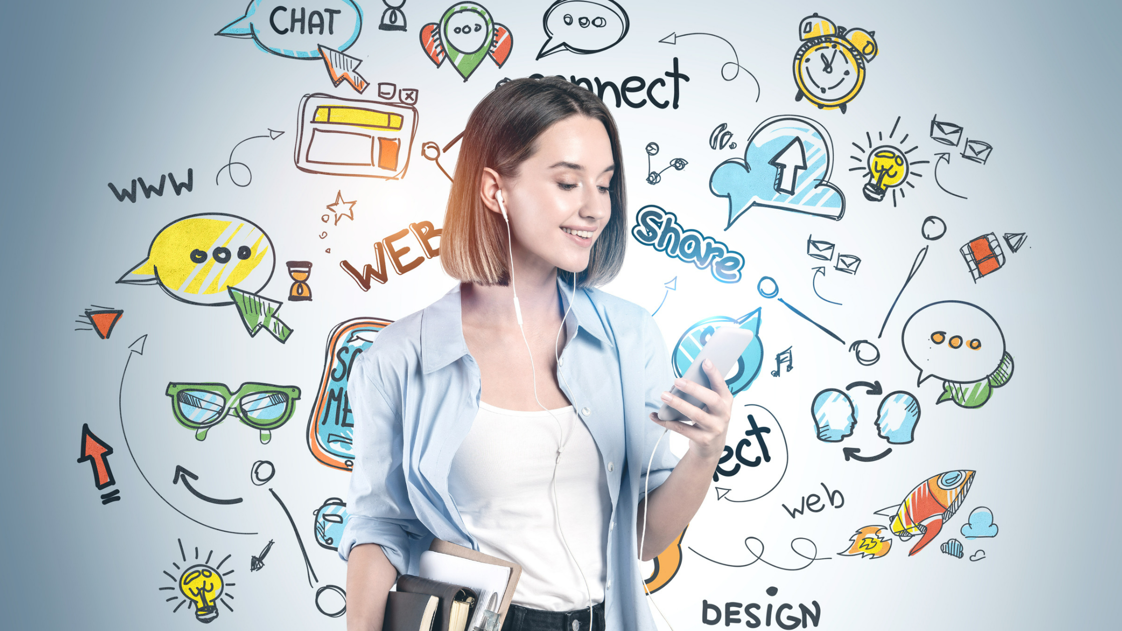 A woman holds a smartphone while surrounded by illustrations representing social media