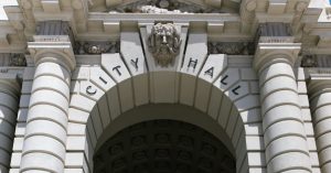 A close-up of the stonework on the facade of Pasadena, California, City Hall.