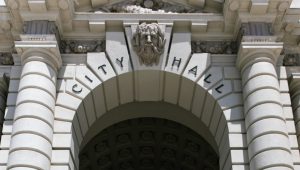 A close-up of the stonework on the facade of Pasadena, California, City Hall.