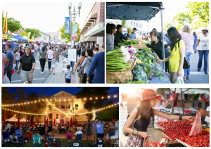 Collage of four photos showing views of a street busy with pedestrians during a farmers market, with lines of canopy tents. One photo is at night, with decorative lights on.