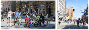 Collage of two photos of groups of people riding bicycles down a city street, without cars.