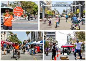 Collage of four photos of people bicycling, walking, and skateboarding on city streets, with canopy tents along the side.