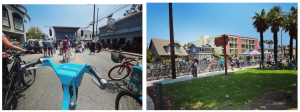 Collage of two photos, one showing a city street view from the seat of a bright blue Ride Share bike, and showing lots of activity.