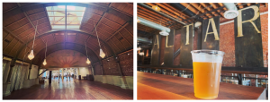 Collage of two photos. On the left is the inside of a wood building with a curved ceiling. On the right is a cup of beer on a counter.